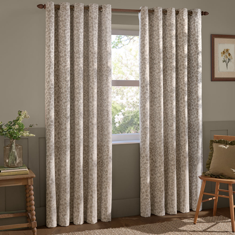 Floral Beige Curtains - Grace Leaf Jacquard Fully Lined Eyelet Curtains Natural Wylder