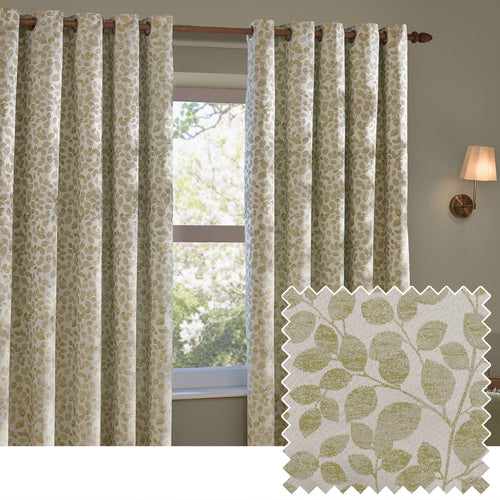 Floral Green Curtains - Grace Leaf Jacquard Fully Lined Eyelet Curtains Sage Wylder