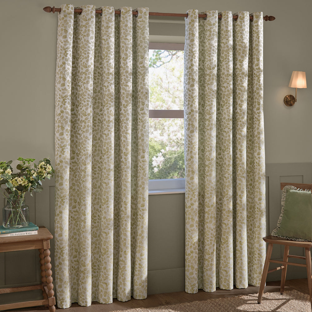 Floral Green Curtains - Grace Leaf Jacquard Fully Lined Eyelet Curtains Sage Wylder