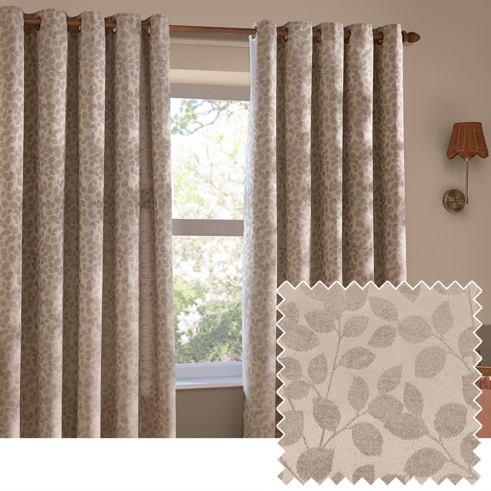 Grace Leaf Jacquard Fully Lined Eyelet Curtains Taupe