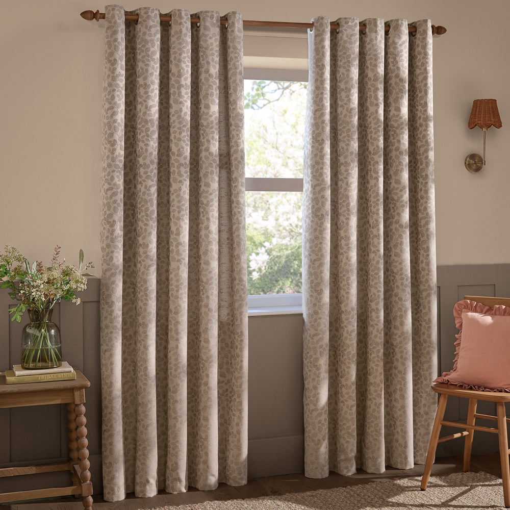 Floral Beige Curtains - Grace Leaf Jacquard Fully Lined Eyelet Curtains Taupe Wylder