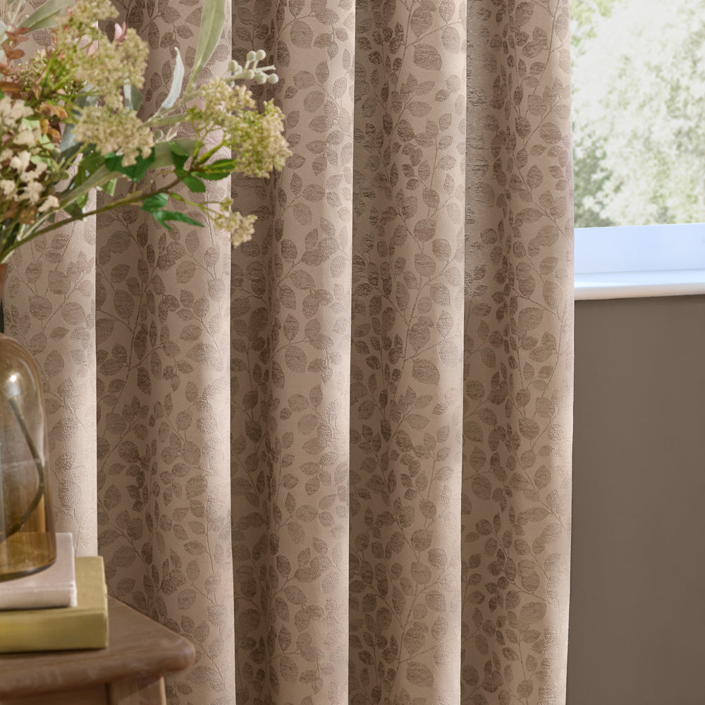 Grace Leaf Jacquard Fully Lined Eyelet Curtains Taupe