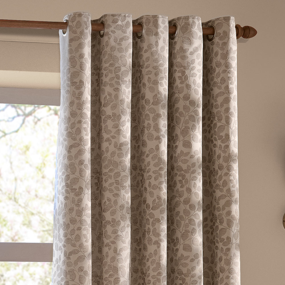 Grace Leaf Jacquard Fully Lined Eyelet Curtains Taupe