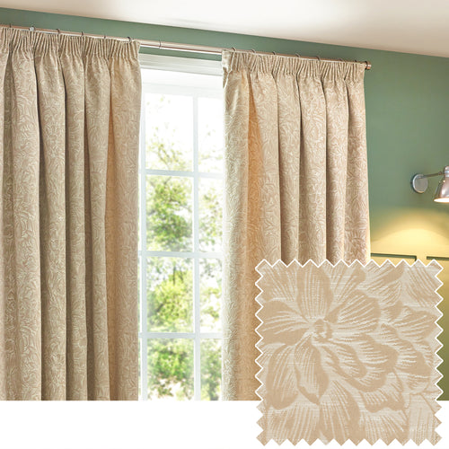 Floral Beige Curtains - Grantley Jacquard Pencil Pleat Curtains Natural Wylder