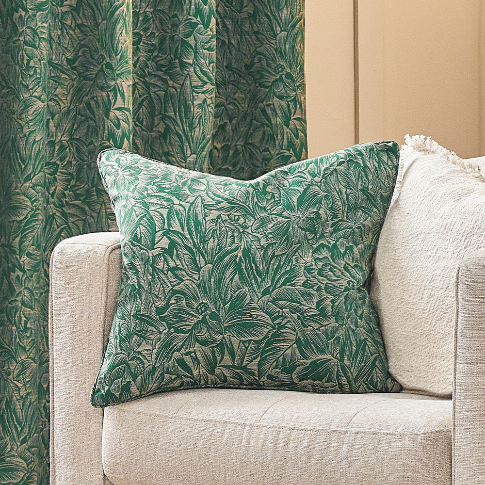 Floral Green Cushions - Grantley Jacquard Piped Cushion Cover Emerald Wylder
