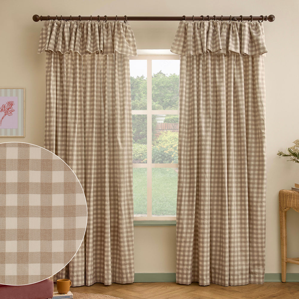 Check Beige Curtains - Harriet Gingham Printed Blackout Pencil Pleat Curtains Natural Furn