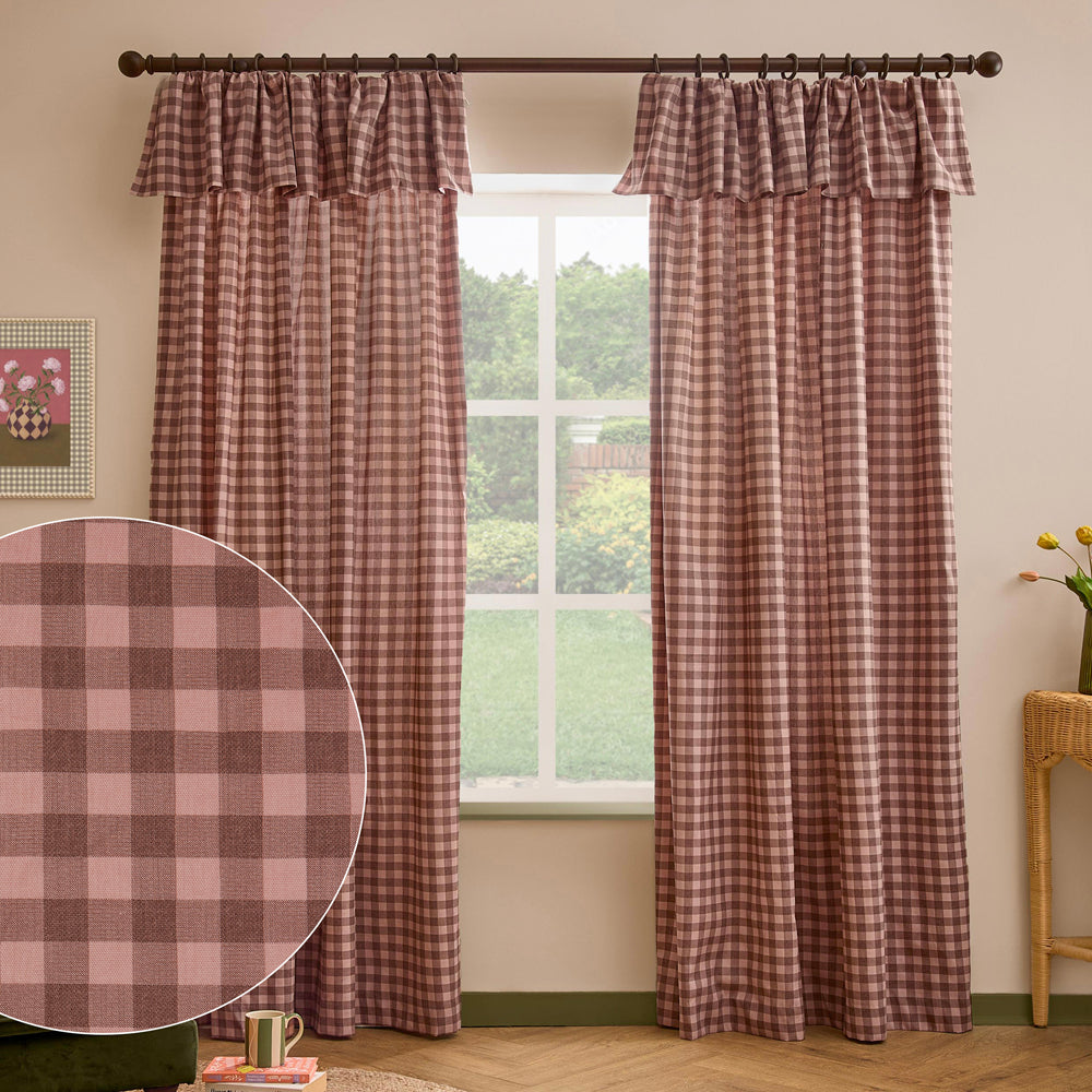 Check Pink Curtains - Harriet Gingham Printed Blackout Pencil Pleat Curtains Rose/Chocolate Furn
