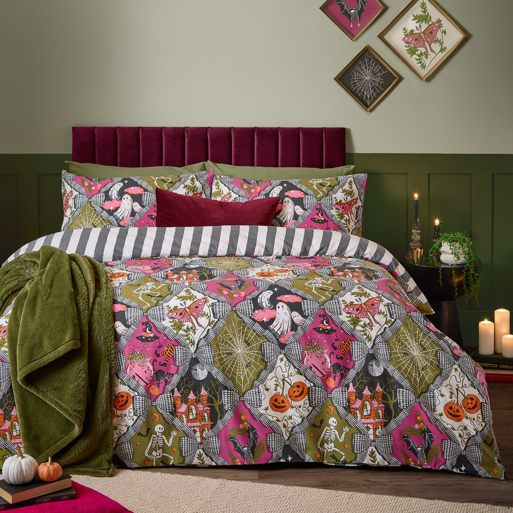 Striped Multicolour Bedding - Hallowquin Spooky Reversible Duvet Cover Set Multicolour Furn