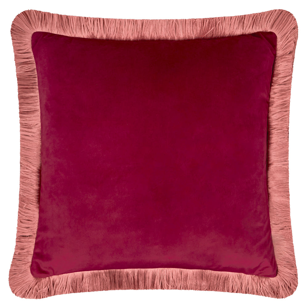 Plain Red Cushions - Halo Fringed Velvet  Cushion Cover Burgundy/Slipper Furn