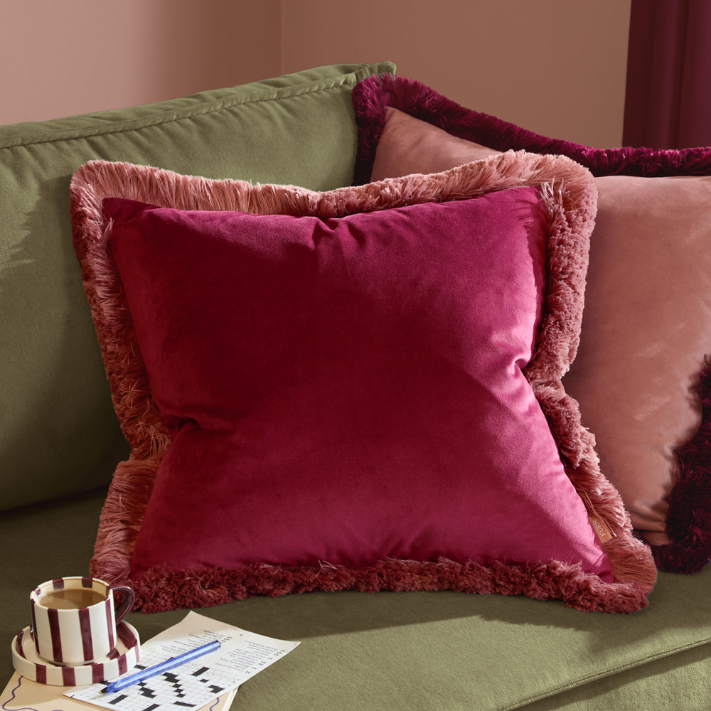 Plain Red Cushions - Halo Fringed Velvet  Cushion Cover Burgundy/Slipper Furn