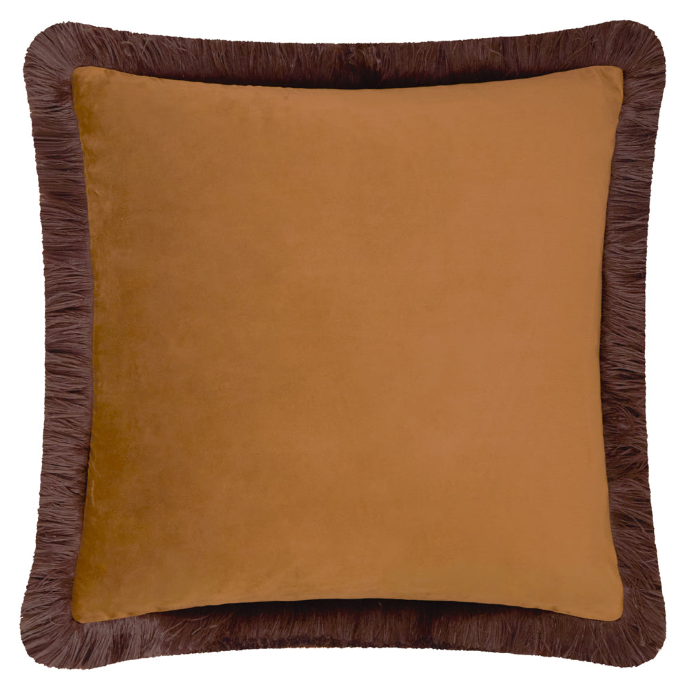 Plain Brown Cushions - Halo Fringed Velvet  Cushion Cover Caramel/Chocolate Furn