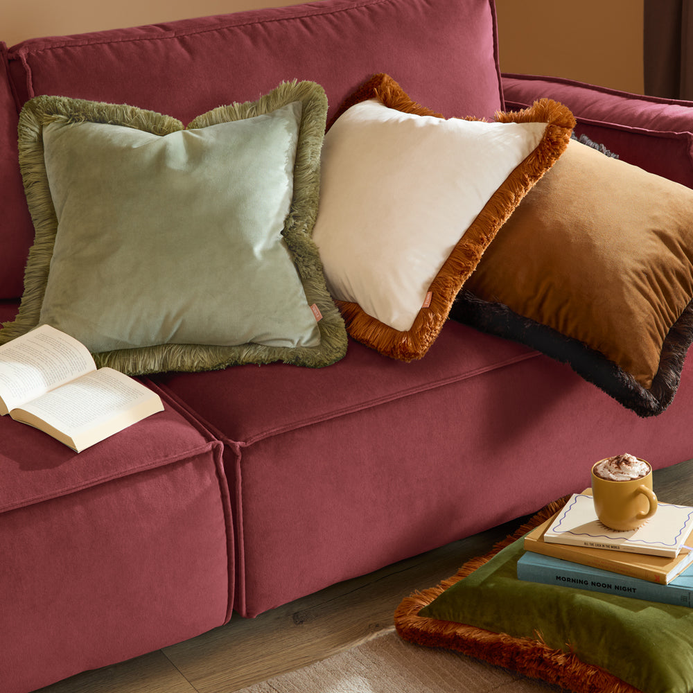 Halo Fringed Velvet Cushion Caramel/Chocolate