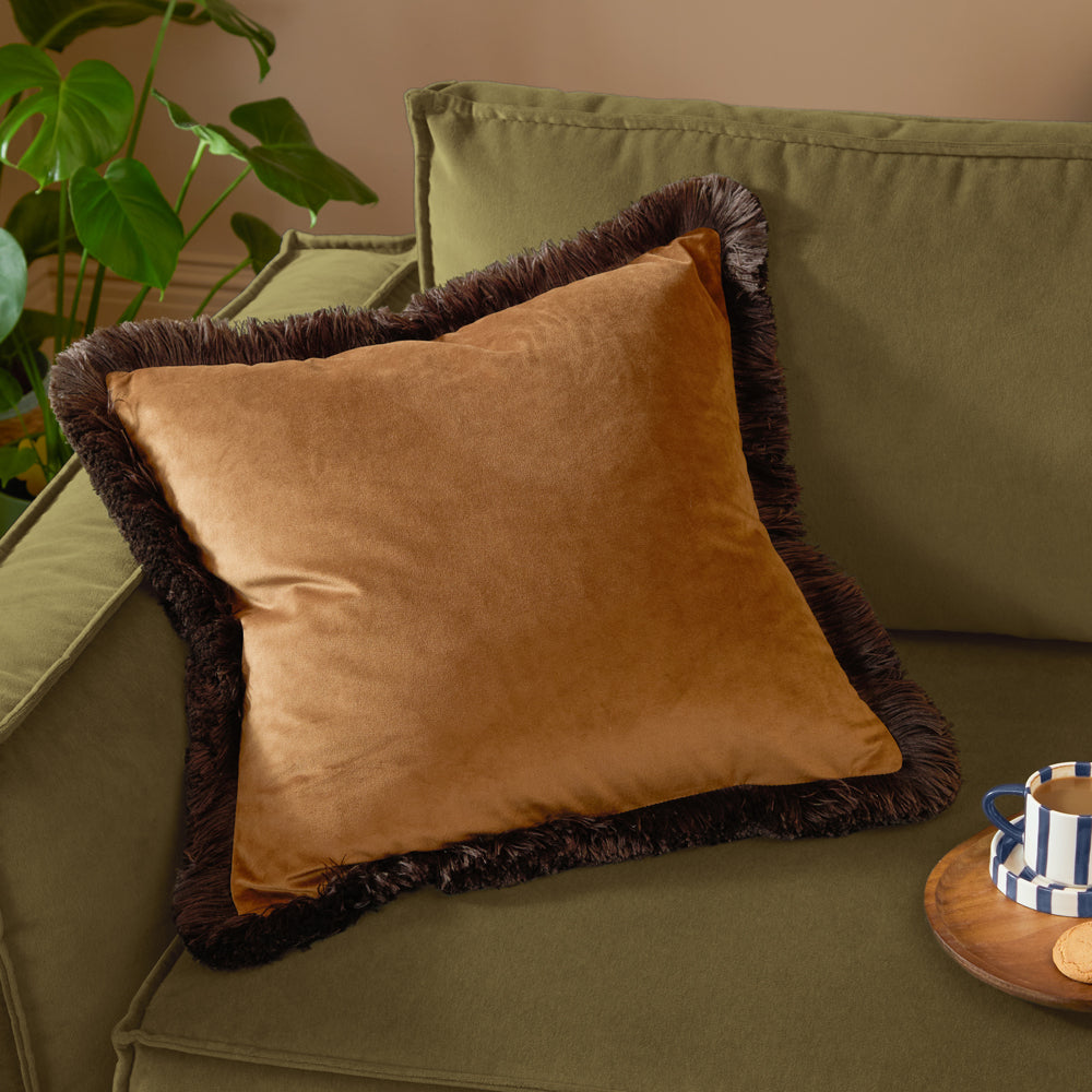 Plain Brown Cushions - Halo Fringed Velvet  Cushion Cover Caramel/Chocolate Furn