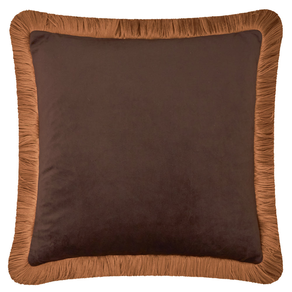 Plain Brown Cushions - Halo Fringed Velvet  Cushion Cover Chocolate/Caramel Furn