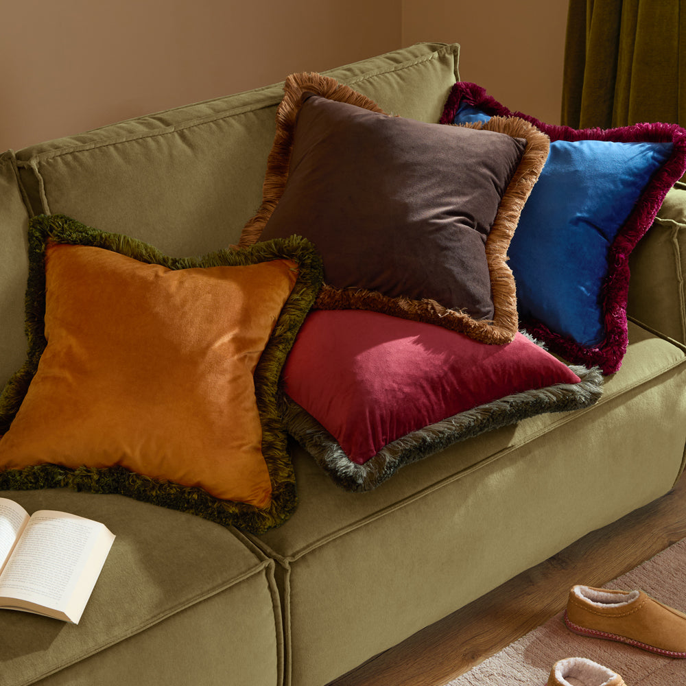 Halo Fringed Velvet Cushion Chocolate/Caramel