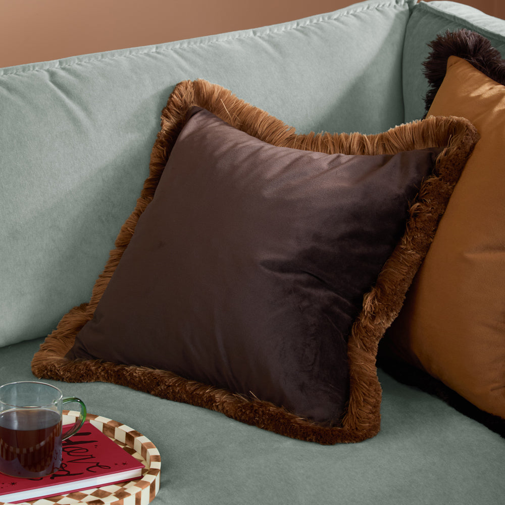 Halo Fringed Velvet Cushion Chocolate/Caramel