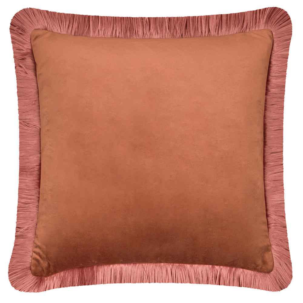 Plain Brown Cushions - Halo Fringed Velvet  Cushion Cover Chesnut/Slipper Furn
