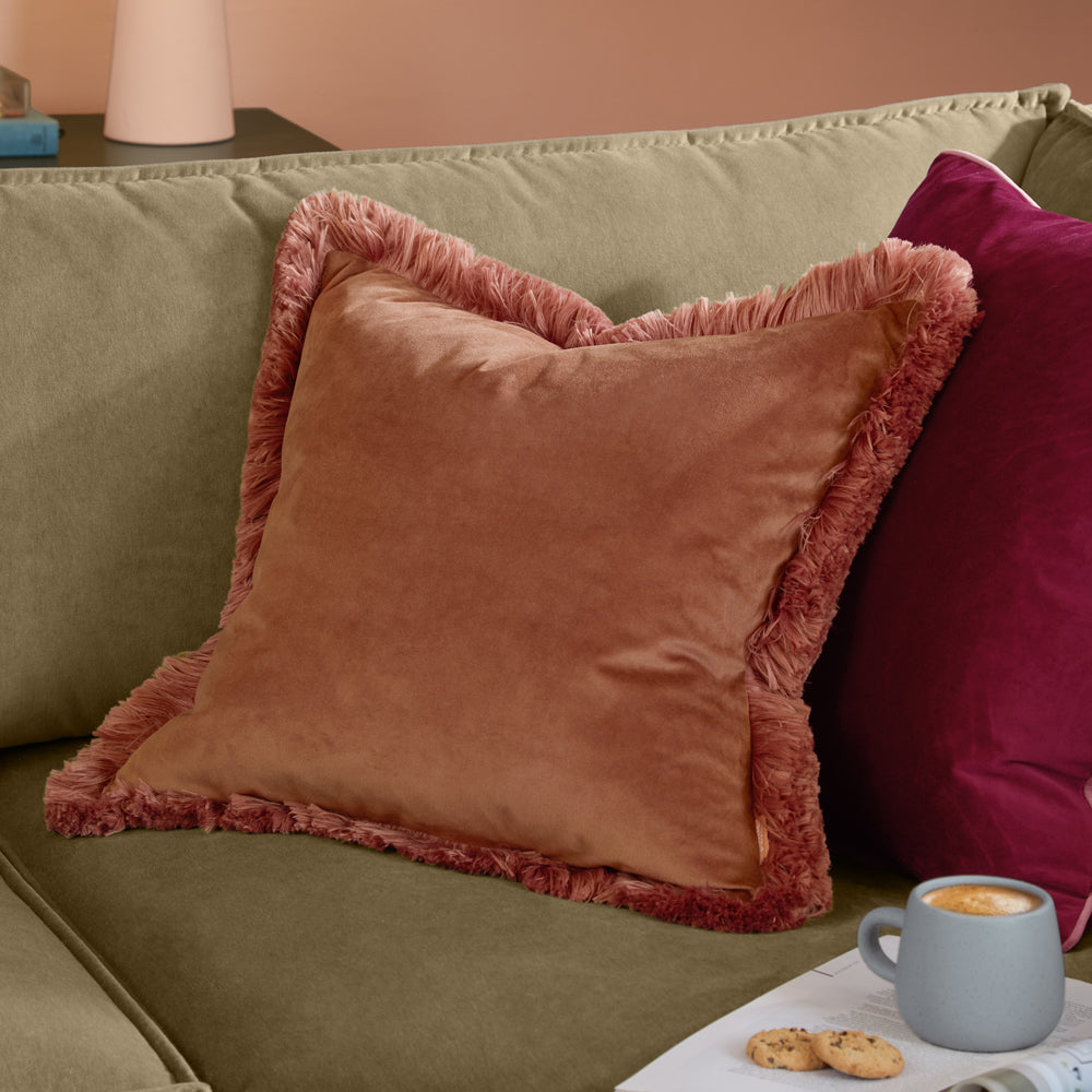 Plain Brown Cushions - Halo Fringed Velvet  Cushion Cover Chesnut/Slipper Furn