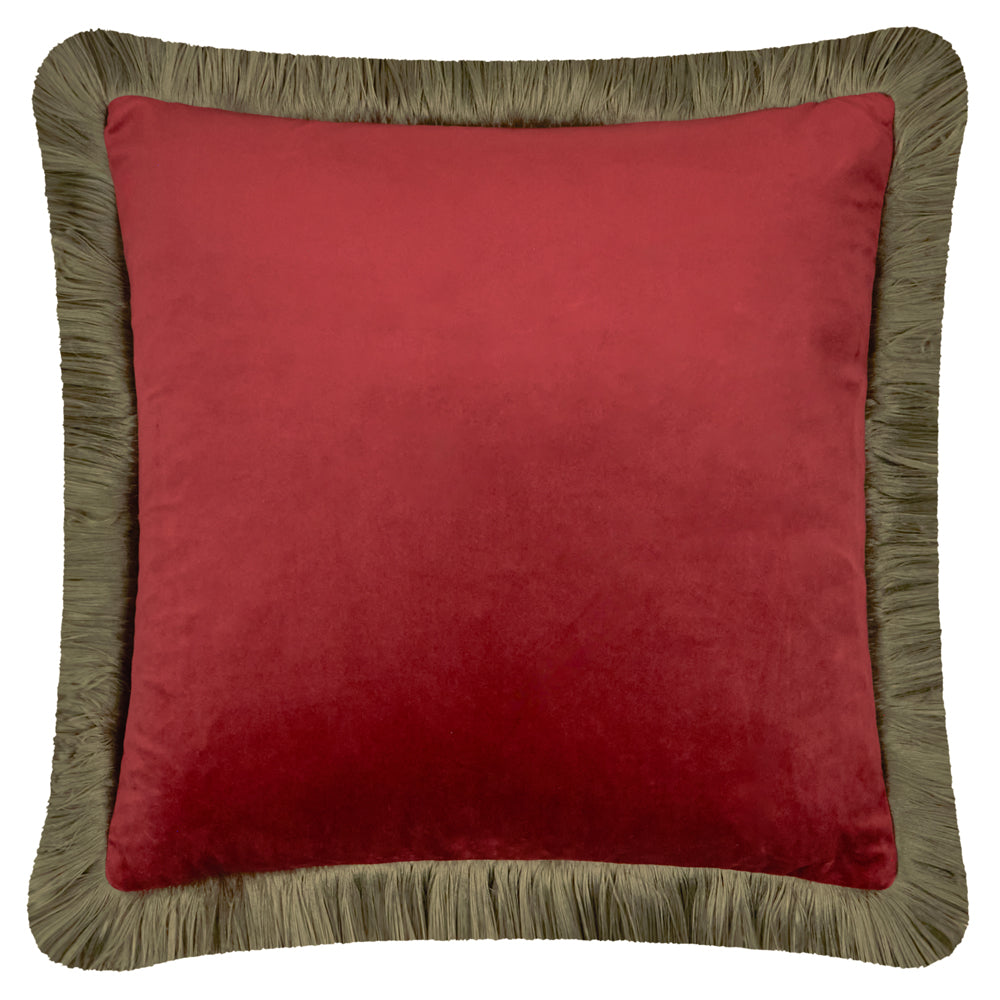 Plain Red Cushions - Halo Fringed Velvet  Cushion Cover Dark Red/Fir Green Furn