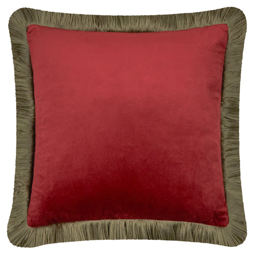 Halo Fringed Velvet Cushion Dark Red/Fir Green