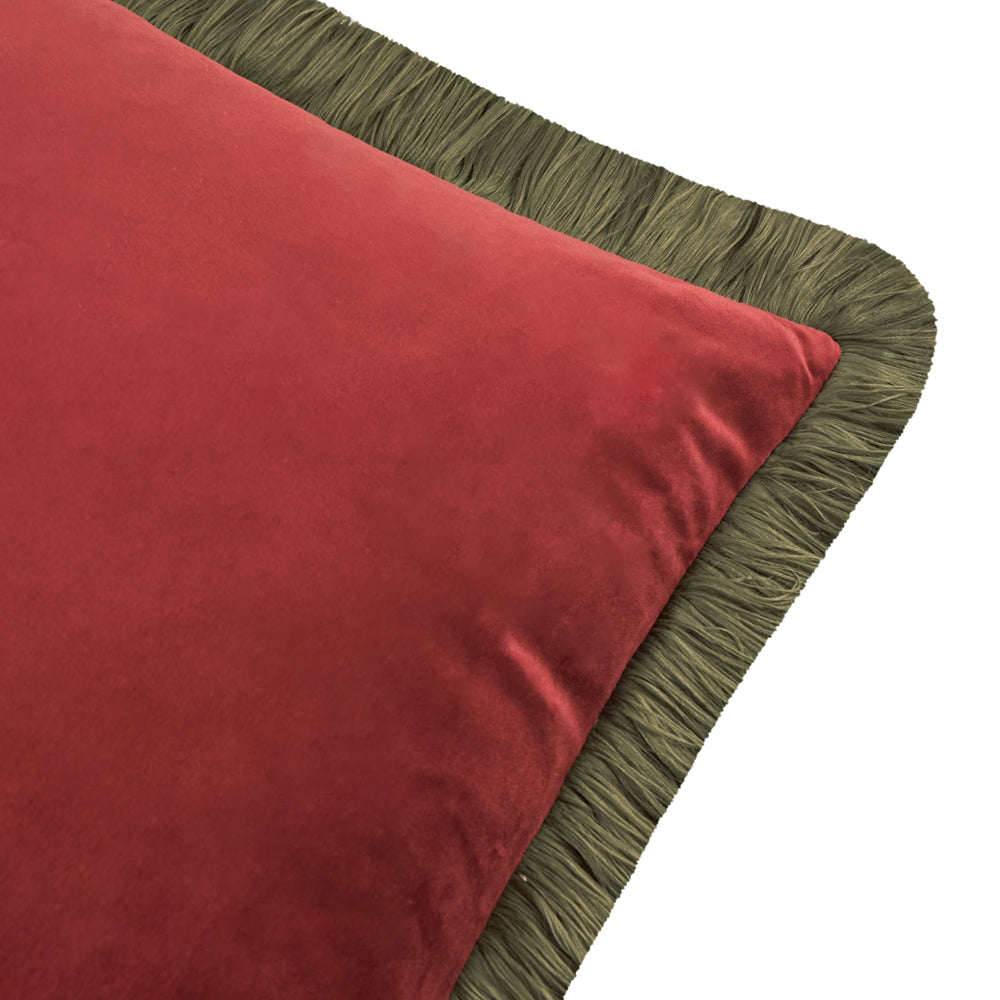 Halo Fringed Velvet Cushion Dark Red/Fir Green