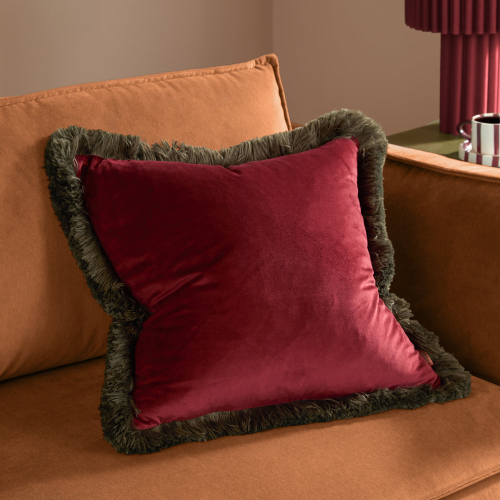 Plain Red Cushions - Halo Fringed Velvet  Cushion Cover Dark Red/Fir Green Furn