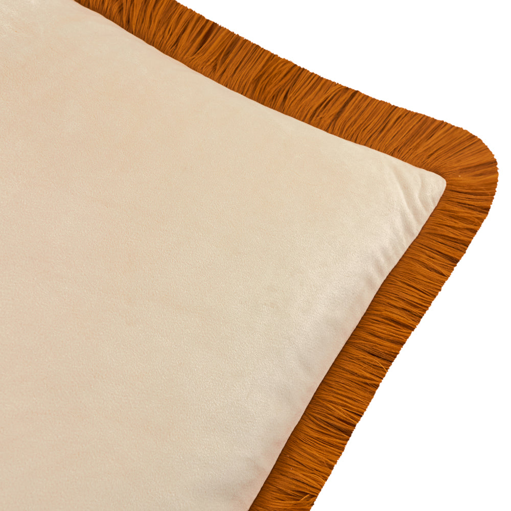 Halo Fringed Velvet Cushion Ecru/Ginger