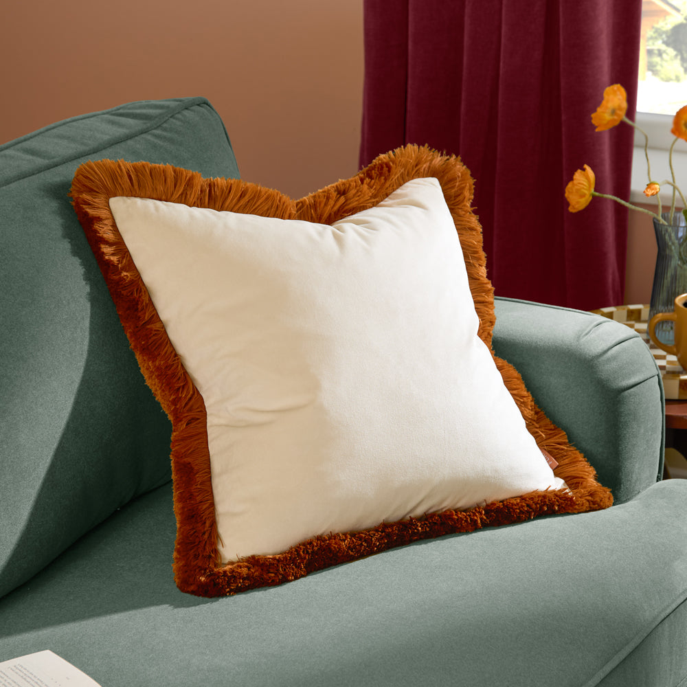 Plain Orange Cushions - Halo Fringed Velvet  Cushion Cover Ecru/Ginger Furn