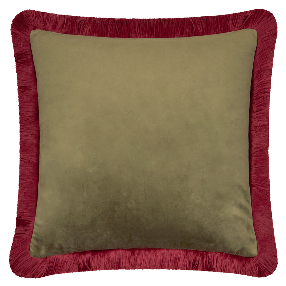 Plain Green Cushions - Halo Fringed Velvet  Cushion Cover Fir Green/Dark Red Furn
