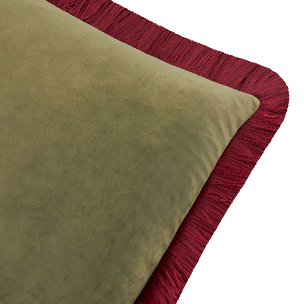 Halo Fringed Velvet Cushion Fir Green/Dark Red