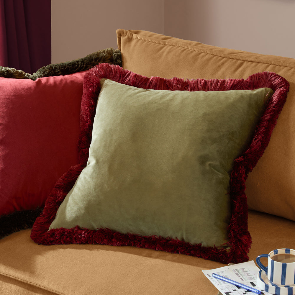 Plain Green Cushions - Halo Fringed Velvet  Cushion Cover Fir Green/Dark Red Furn