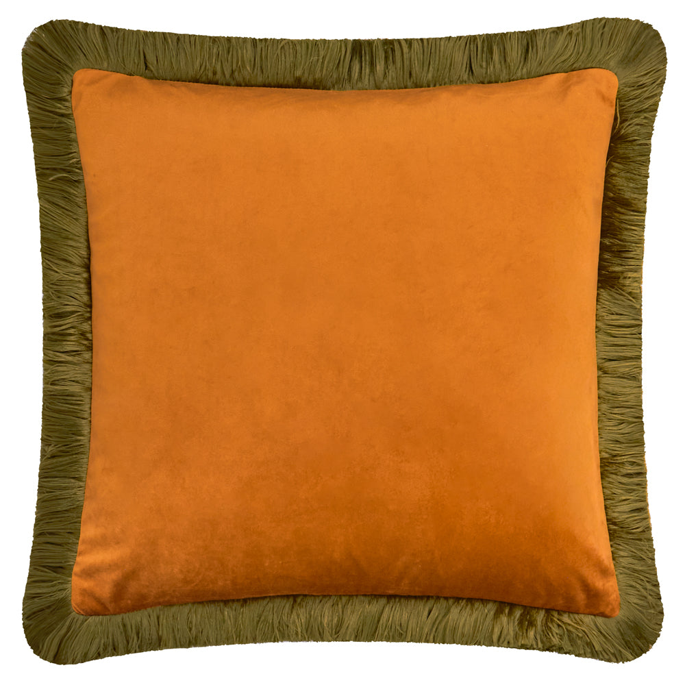 Plain Orange Cushions - Halo Fringed Velvet  Cushion Cover Ginger/Olive Furn