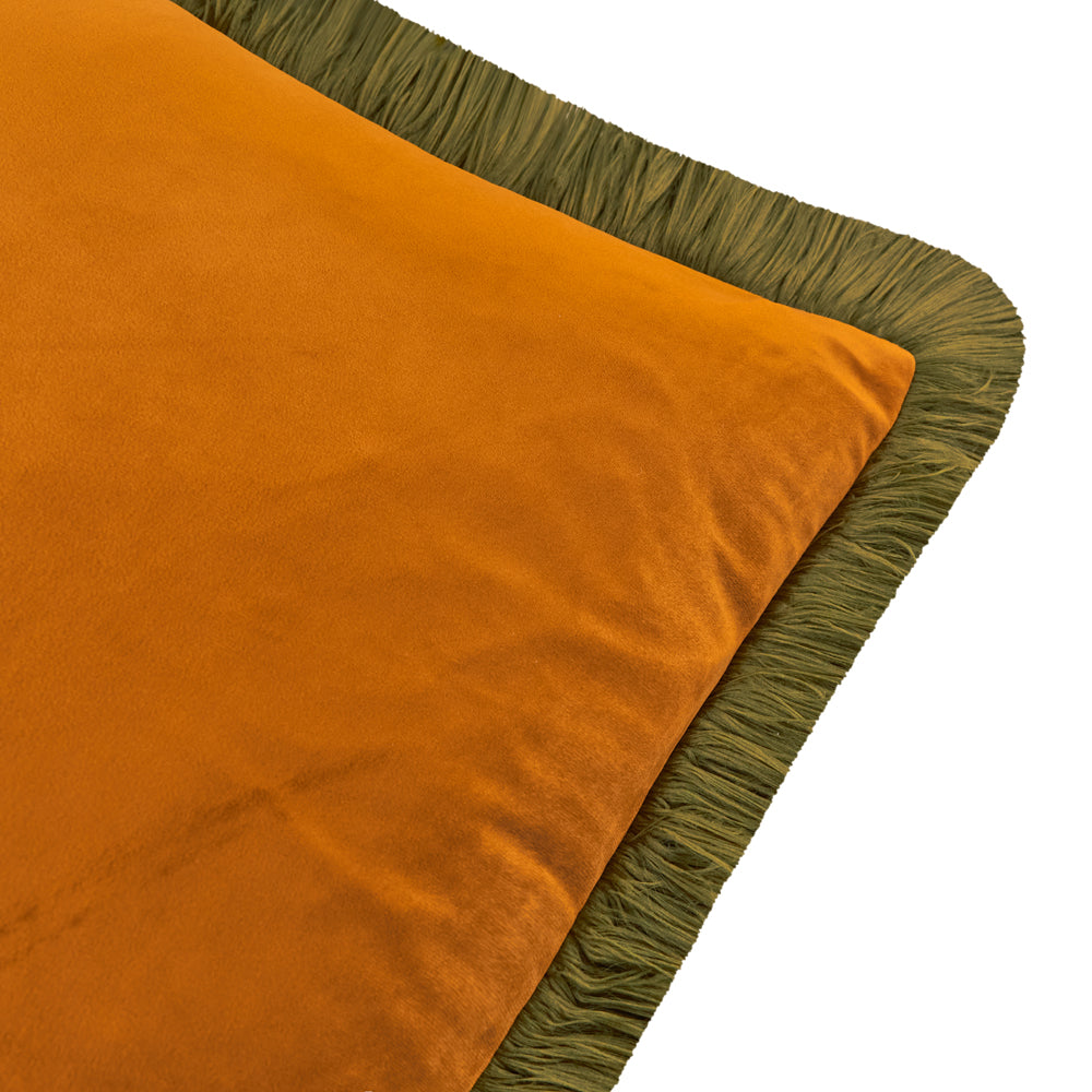 Halo Fringed Velvet Cushion Ginger/Olive