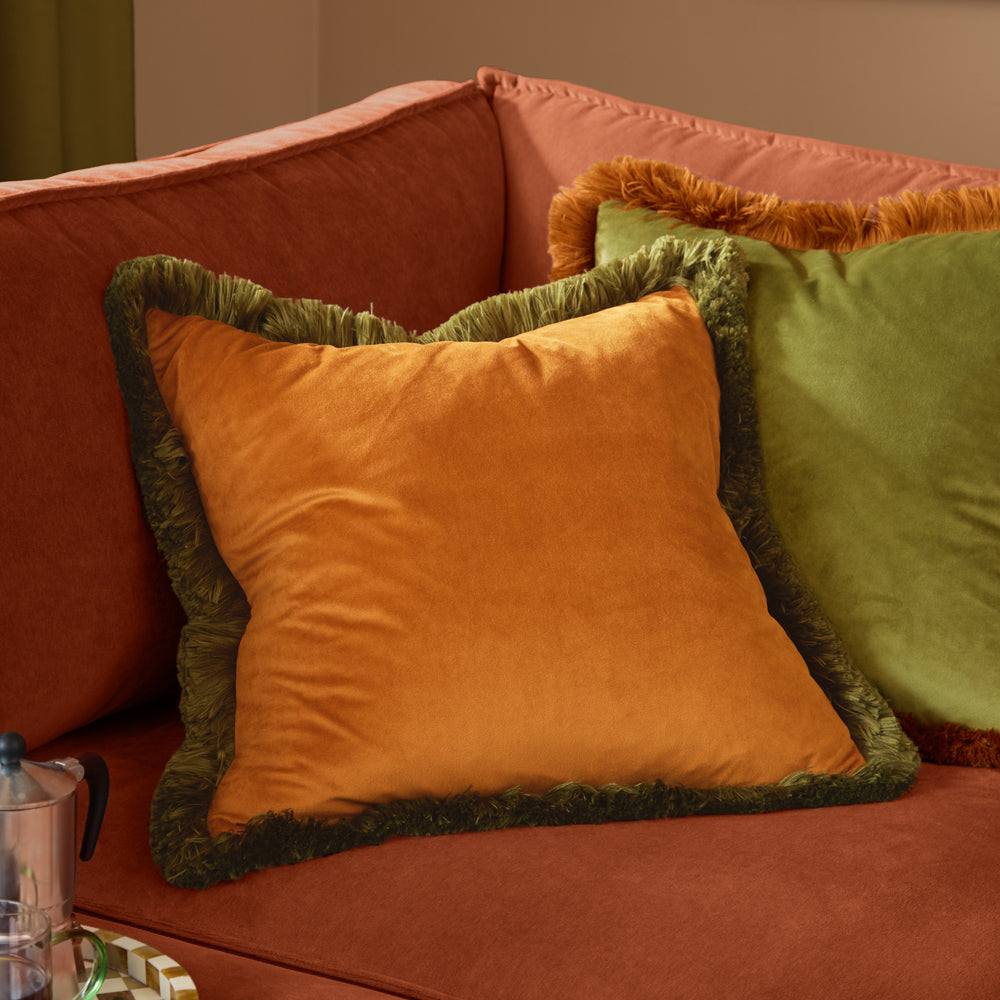 Plain Orange Cushions - Halo Fringed Velvet  Cushion Cover Ginger/Olive Furn