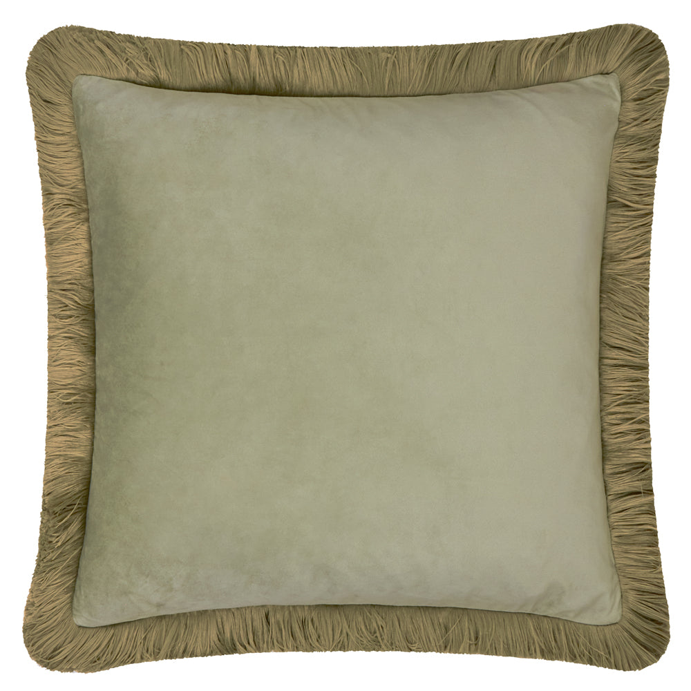 Plain Green Cushions - Halo Fringed Velvet  Cushion Cover Green/Sage Furn