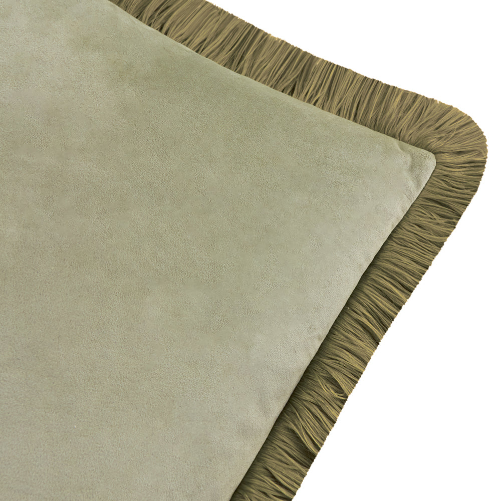 Halo Fringed Velvet Cushion Green/Sage