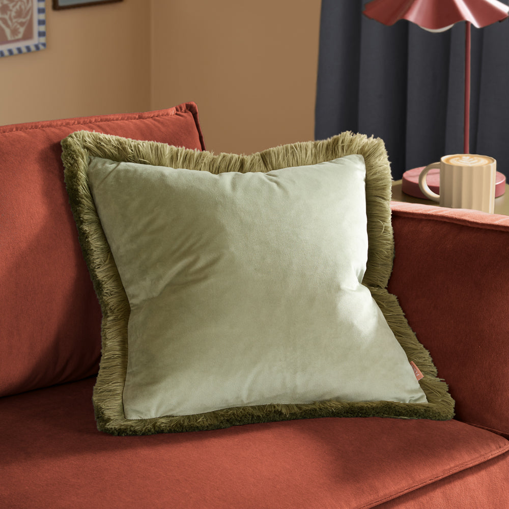 Plain Green Cushions - Halo Fringed Velvet  Cushion Cover Green/Sage Furn