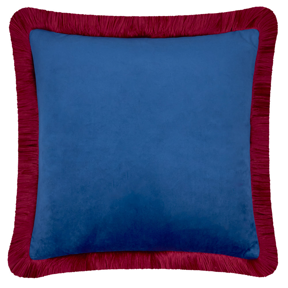 Plain Blue Cushions - Halo Fringed Velvet  Cushion Cover Navy/Burgundy Furn