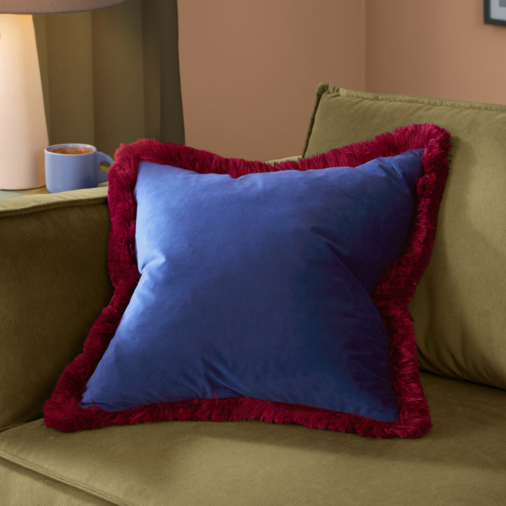 Plain Blue Cushions - Halo Fringed Velvet  Cushion Cover Navy/Burgundy Furn