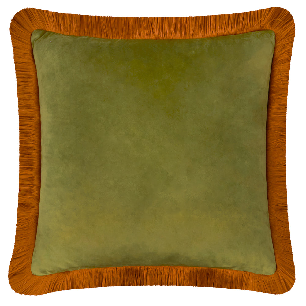 Plain Green Cushions - Halo Fringed Velvet  Cushion Cover Olive/Ginger Furn