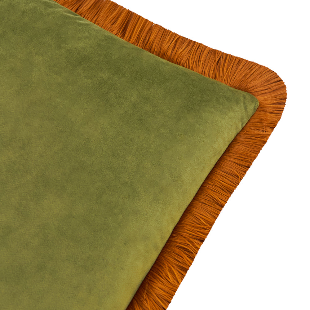 Halo Fringed Velvet Cushion Olive/Ginger