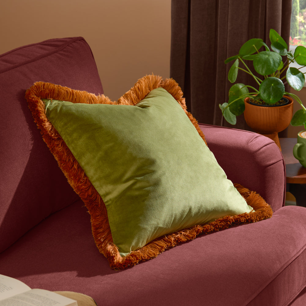 Plain Green Cushions - Halo Fringed Velvet  Cushion Cover Olive/Ginger Furn