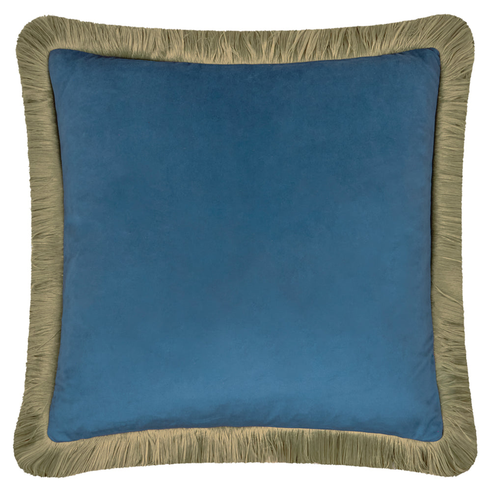 Plain Blue Cushions - Halo Fringed Velvet  Cushion Cover Petrol/Sage Furn