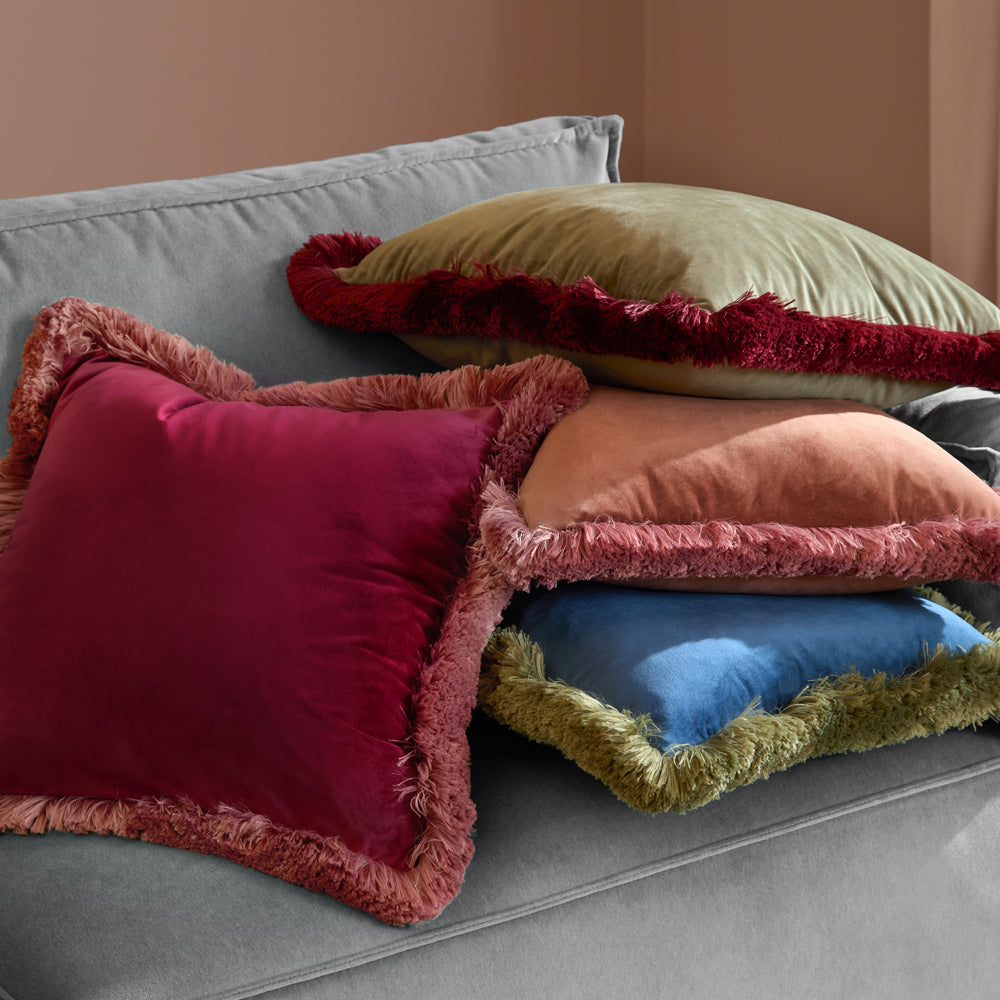 Halo Fringed Velvet Cushion Petrol/Sage