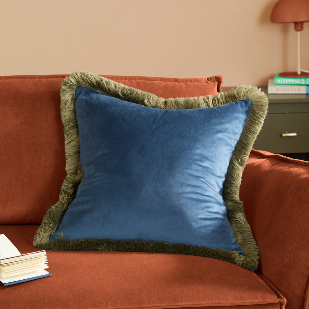 Plain Blue Cushions - Halo Fringed Velvet  Cushion Cover Petrol/Sage Furn