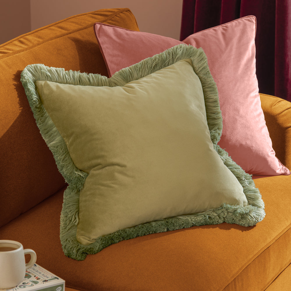 Plain Green Cushions - Halo Fringed Velvet  Cushion Cover Sage/Green Furn