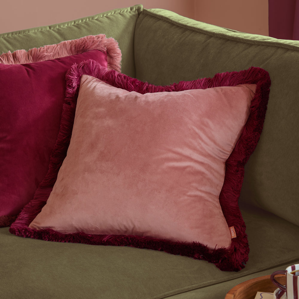 Plain Pink Cushions - Halo Fringed Velvet  Cushion Cover Slipper/Burgundy Furn