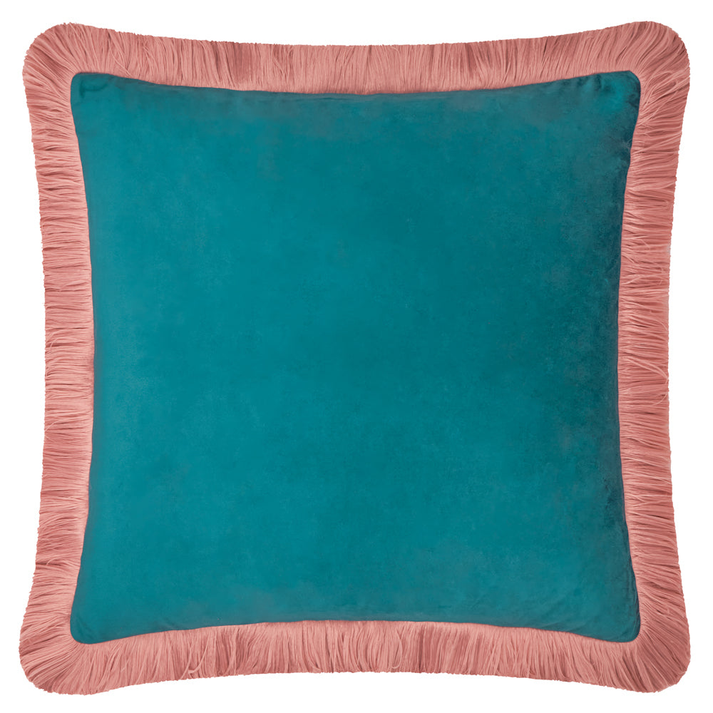 Plain Blue Cushions - Halo Fringed Velvet  Cushion Cover Teal/Blush Furn