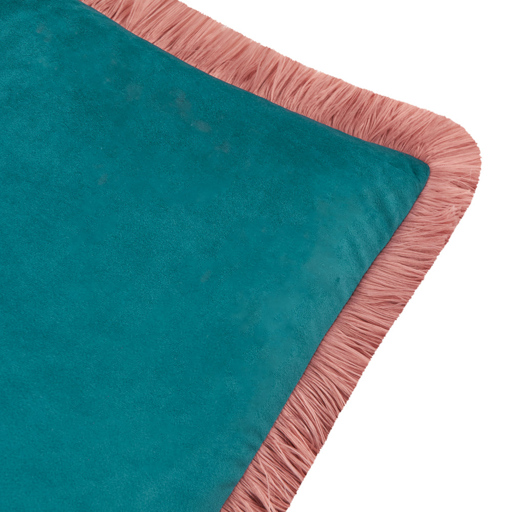 Halo Fringed Velvet Cushion Teal/Blush