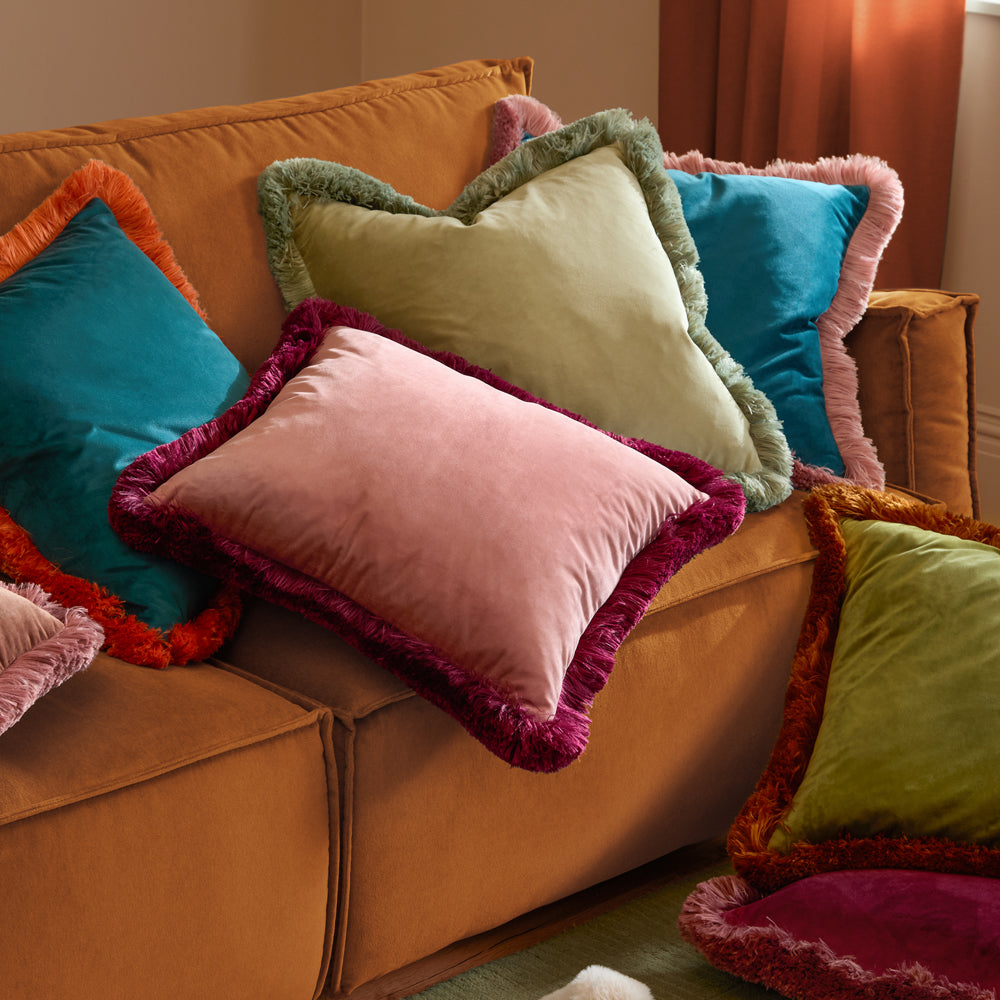 Halo Fringed Velvet Cushion Teal/Blush